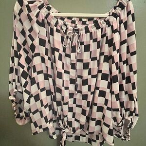 Cato Pink and Black Checkered Off-Shoulder Blouse